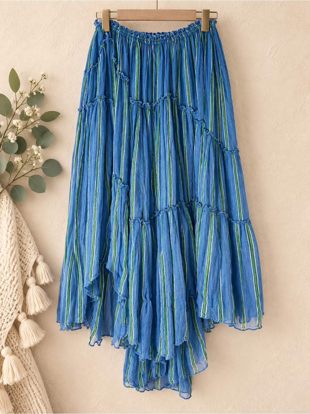Free People Ember Striped Midi Blue Tiered Skirt